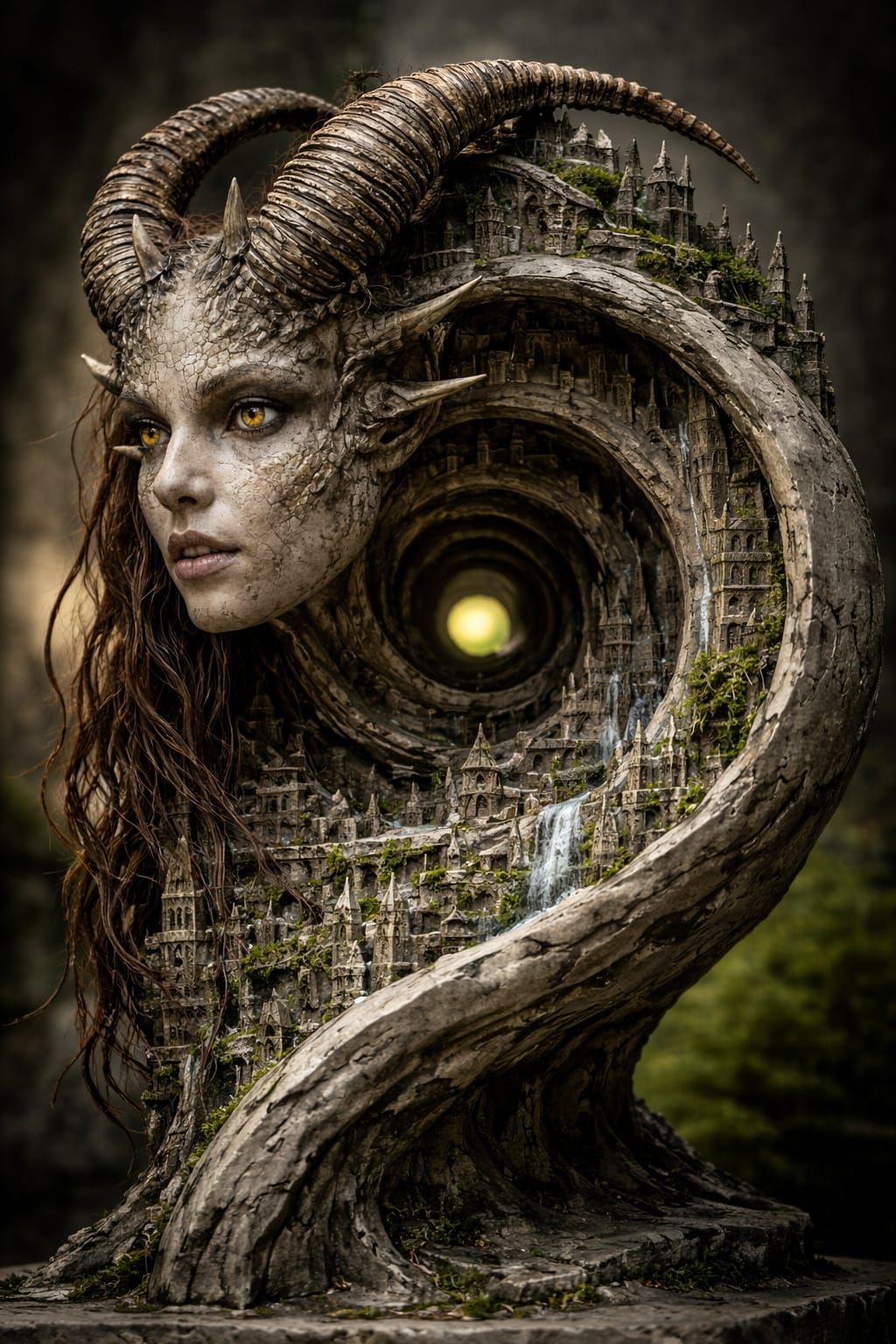 Surreal Sculpture of Face with Carved City Spiral