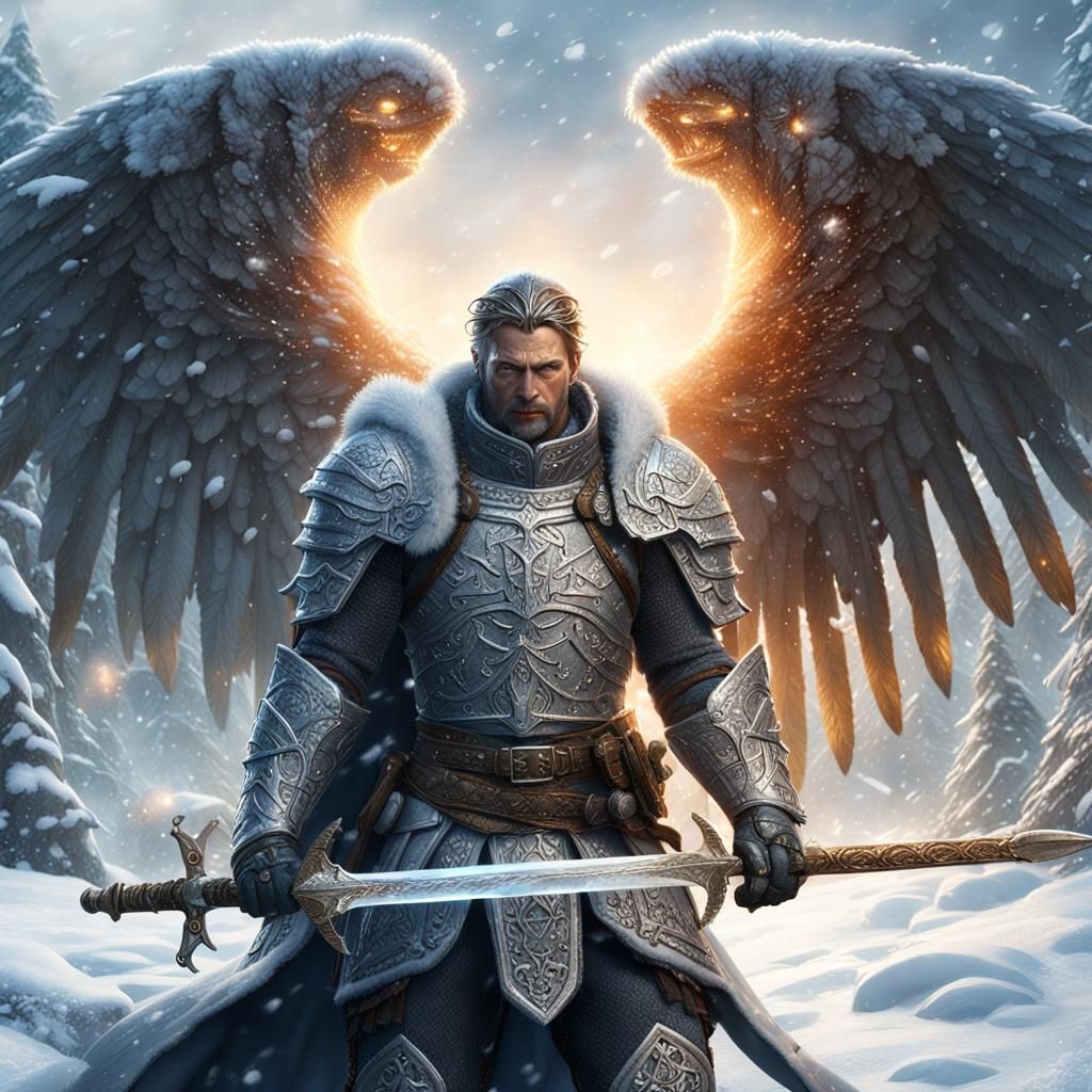 Fiery Angel Warrior in Frozen Landscape