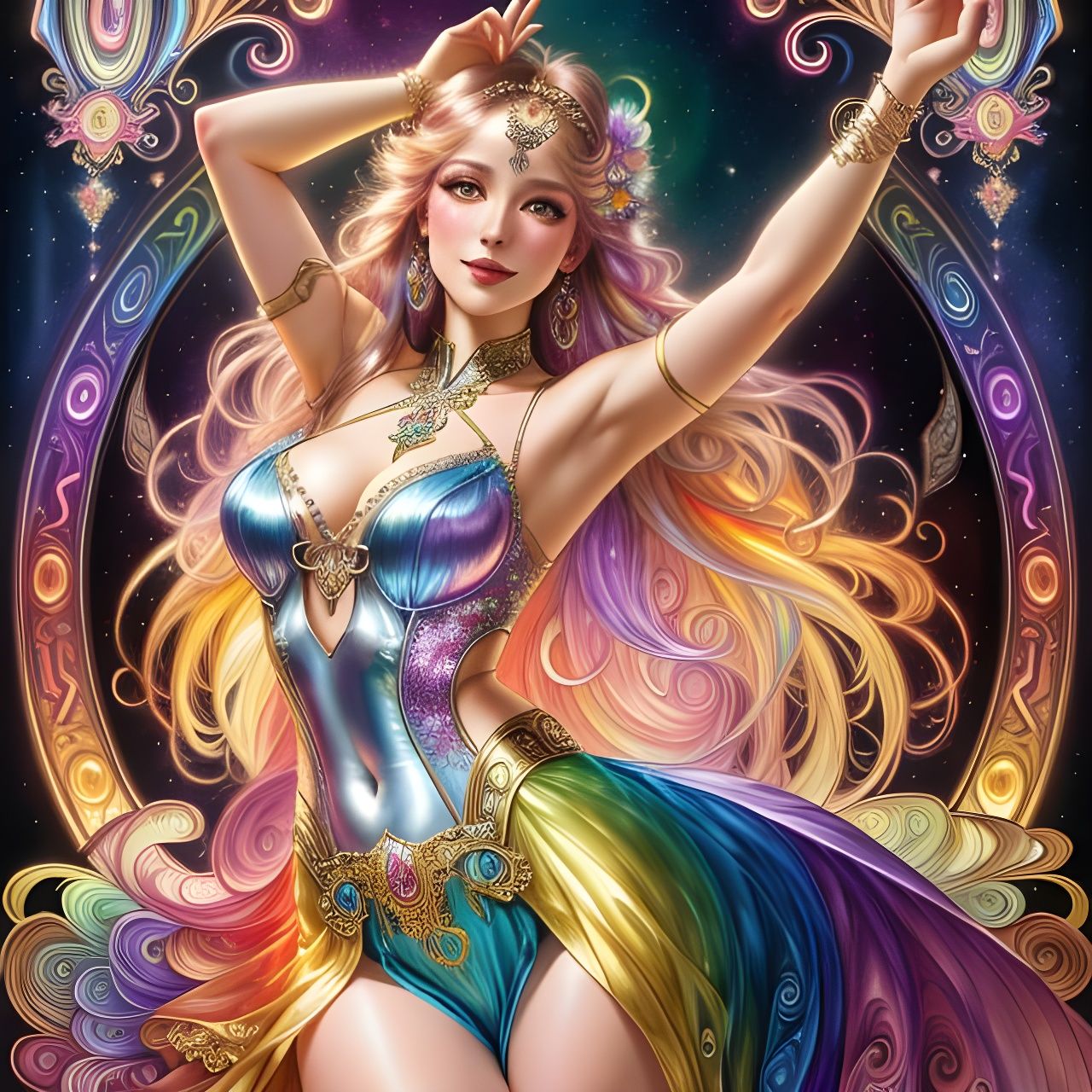 Rainbow Party Girl Dancing, Art Nouveau Style