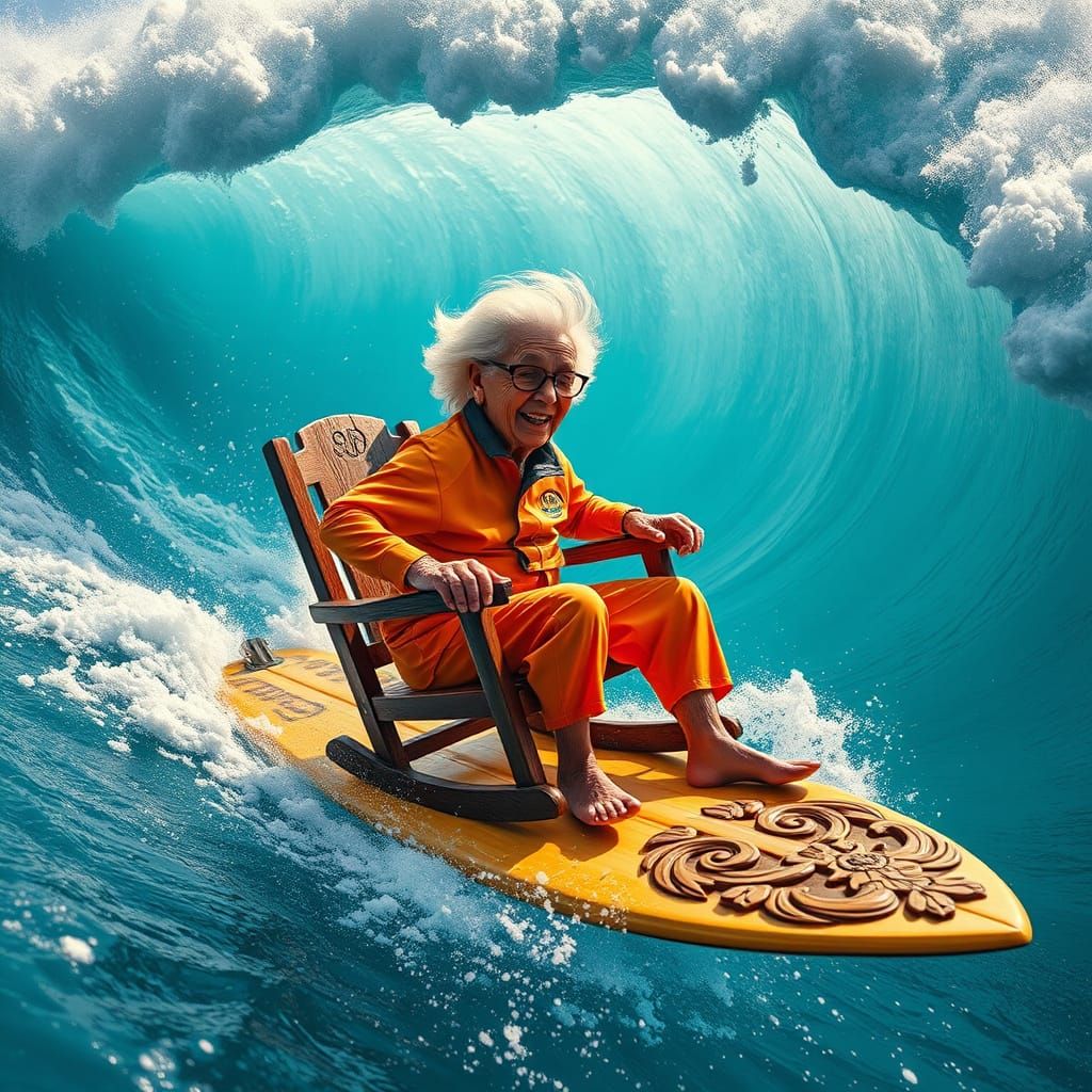 Hyperrealistic Granny Surf Rocking Cinematic Photo