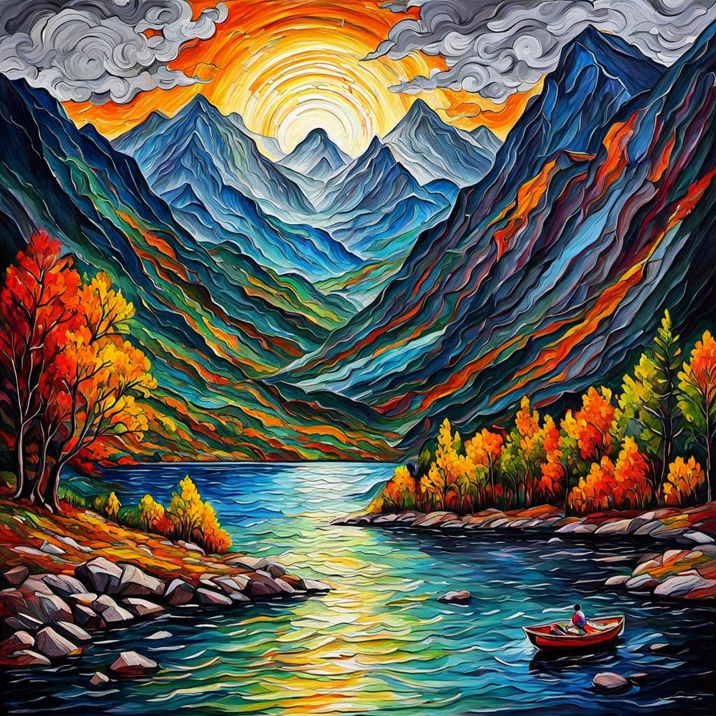 Expressionist Mountain Lake Storm in Vivid Colors