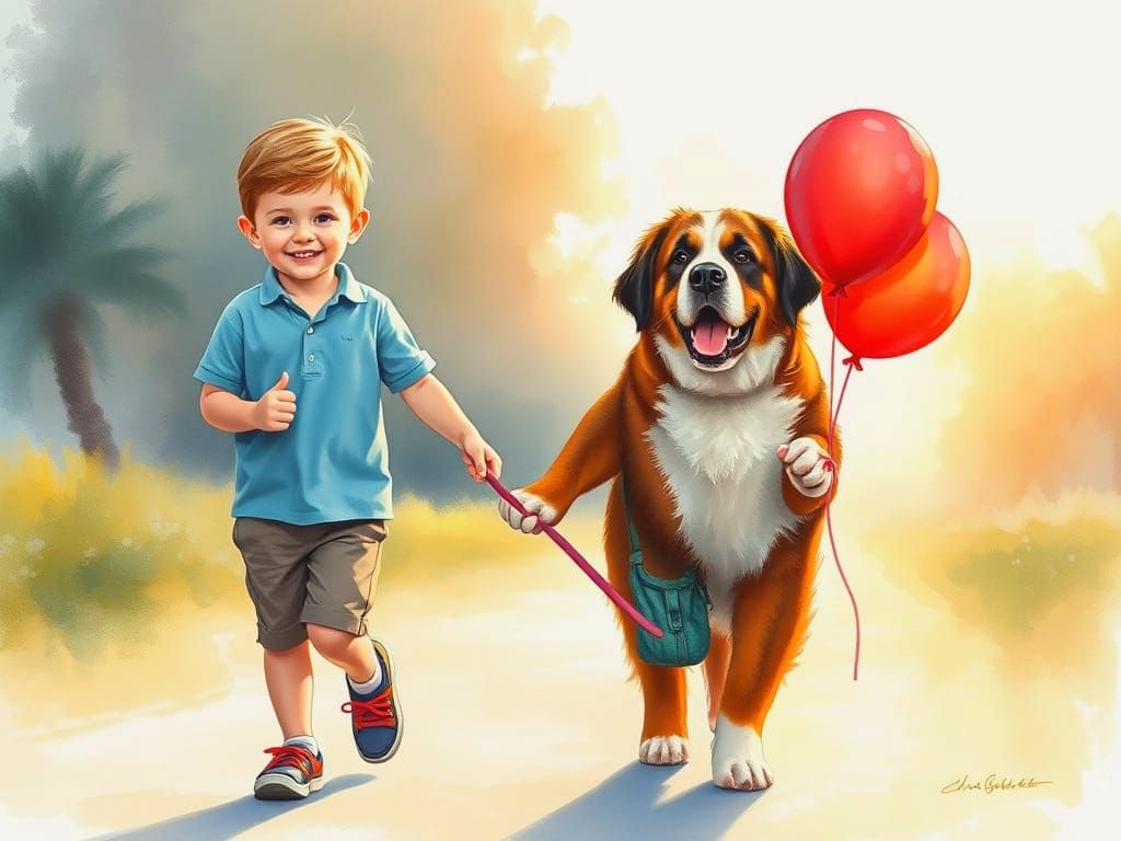 Boy and Saint Bernard with Balloons in Aquarelle Style