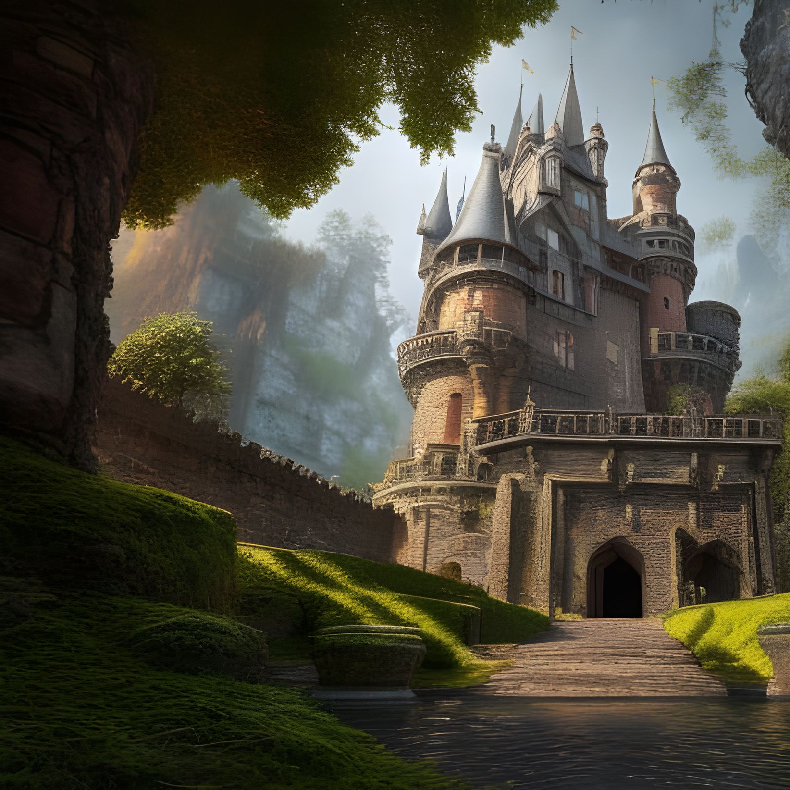 Hyperrealistic Medieval Castle in Overgrown Landscape