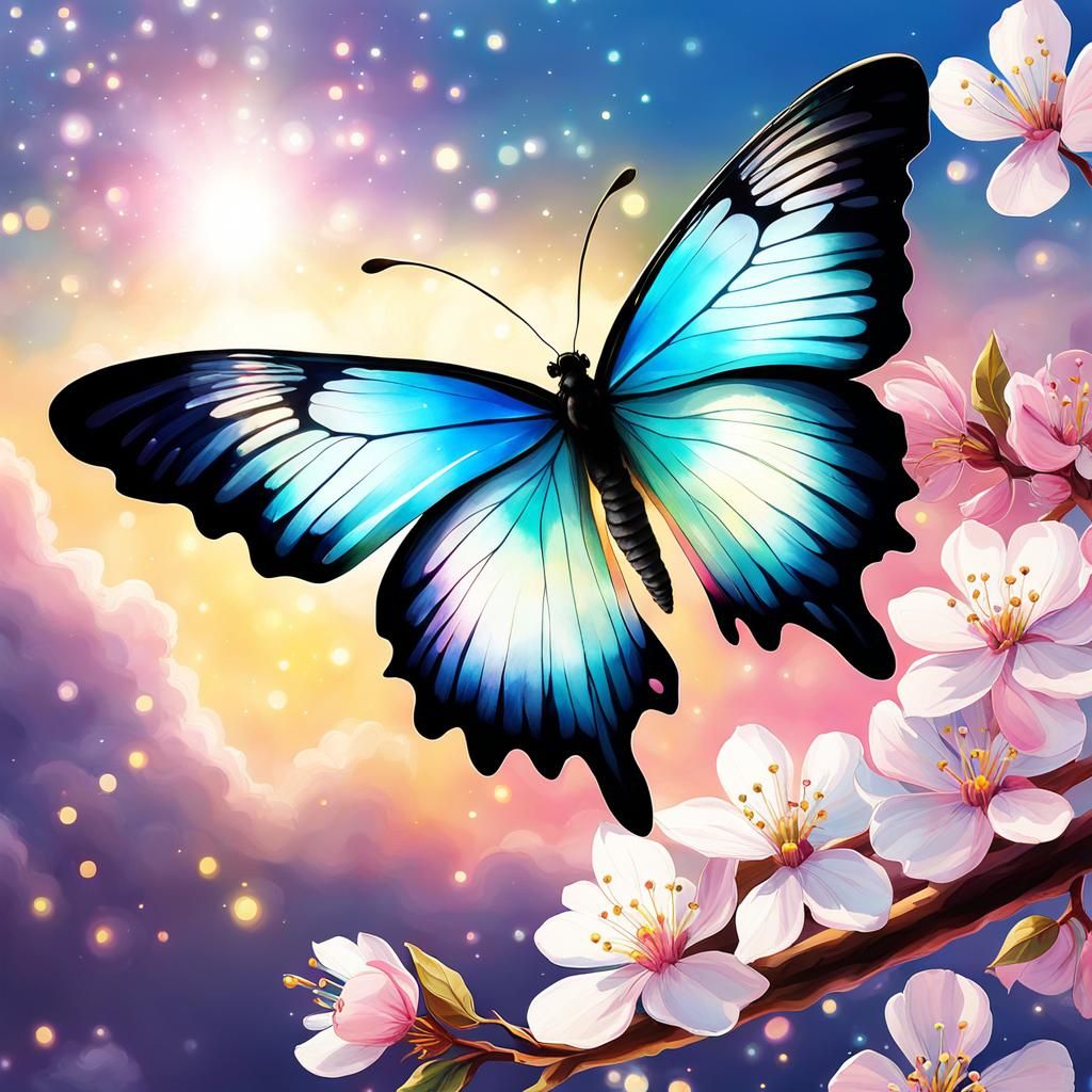 Bioluminescent Butterfly with Cherry Blossoms, Anime Style