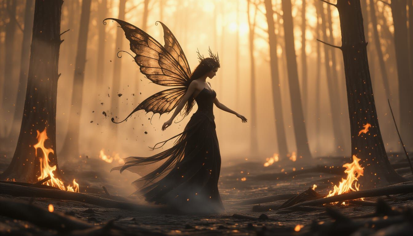Ember Winged Fairy Dances in Charred Forest
