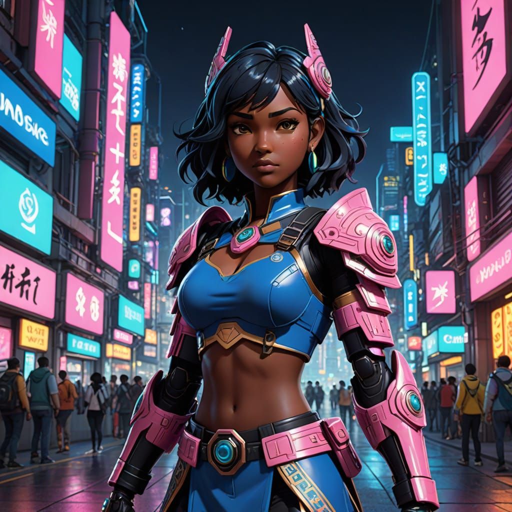 Cyberpunk Aztec Goddess in Futuristic Schoolgirl Uniform