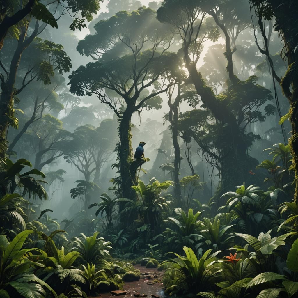 Misty Rainforest Animals Gaze Up: Matte Painting