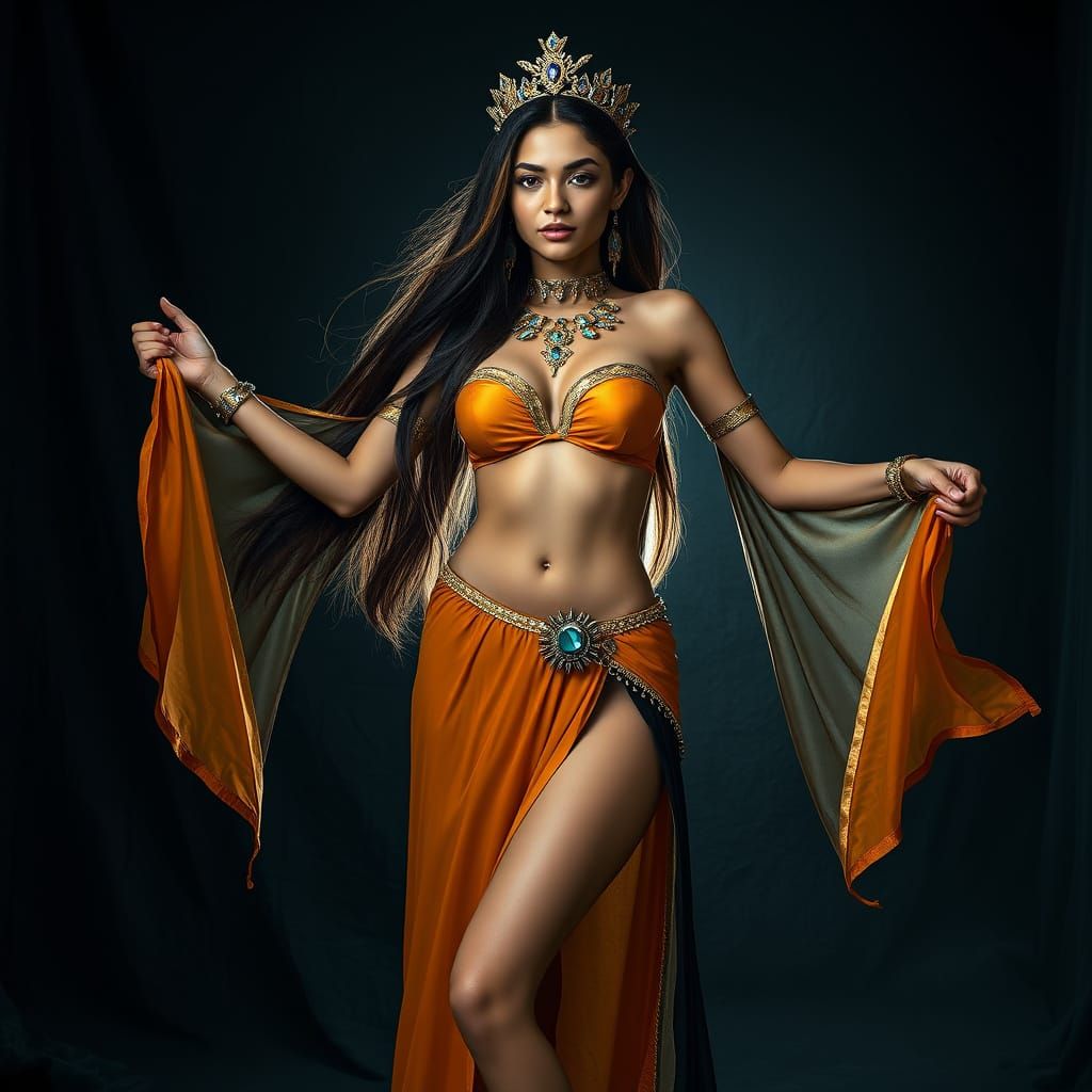 Latina Woman in Ancient-Inspired Golden Attire