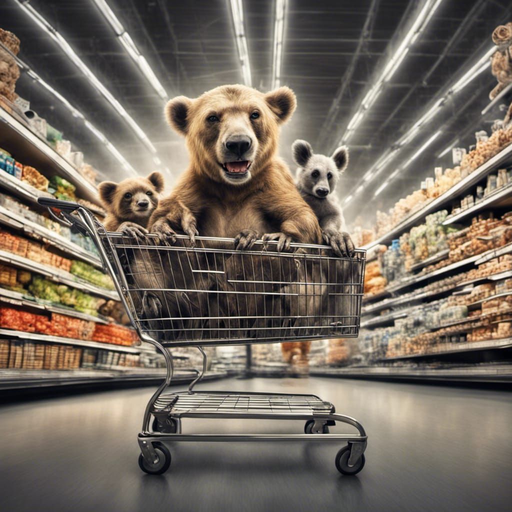 Hyperrealistic Animals Ride Shopping Cart in Supermarket