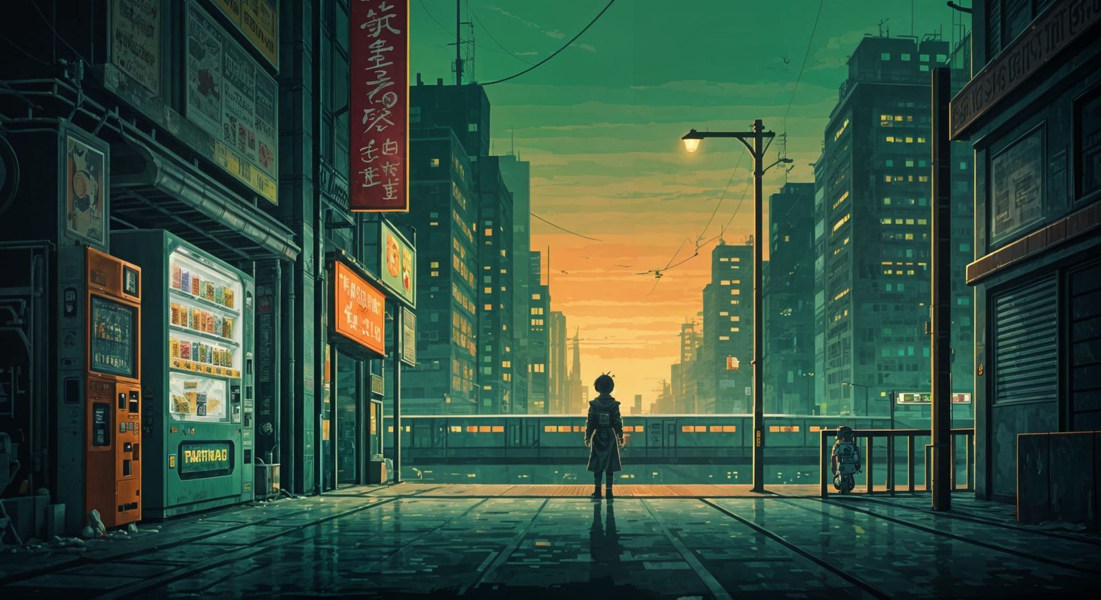 Dusk Cyberpunk City in Pixel Art Style