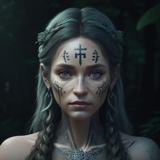 Runic Witch Portrait in Enchanted Forest