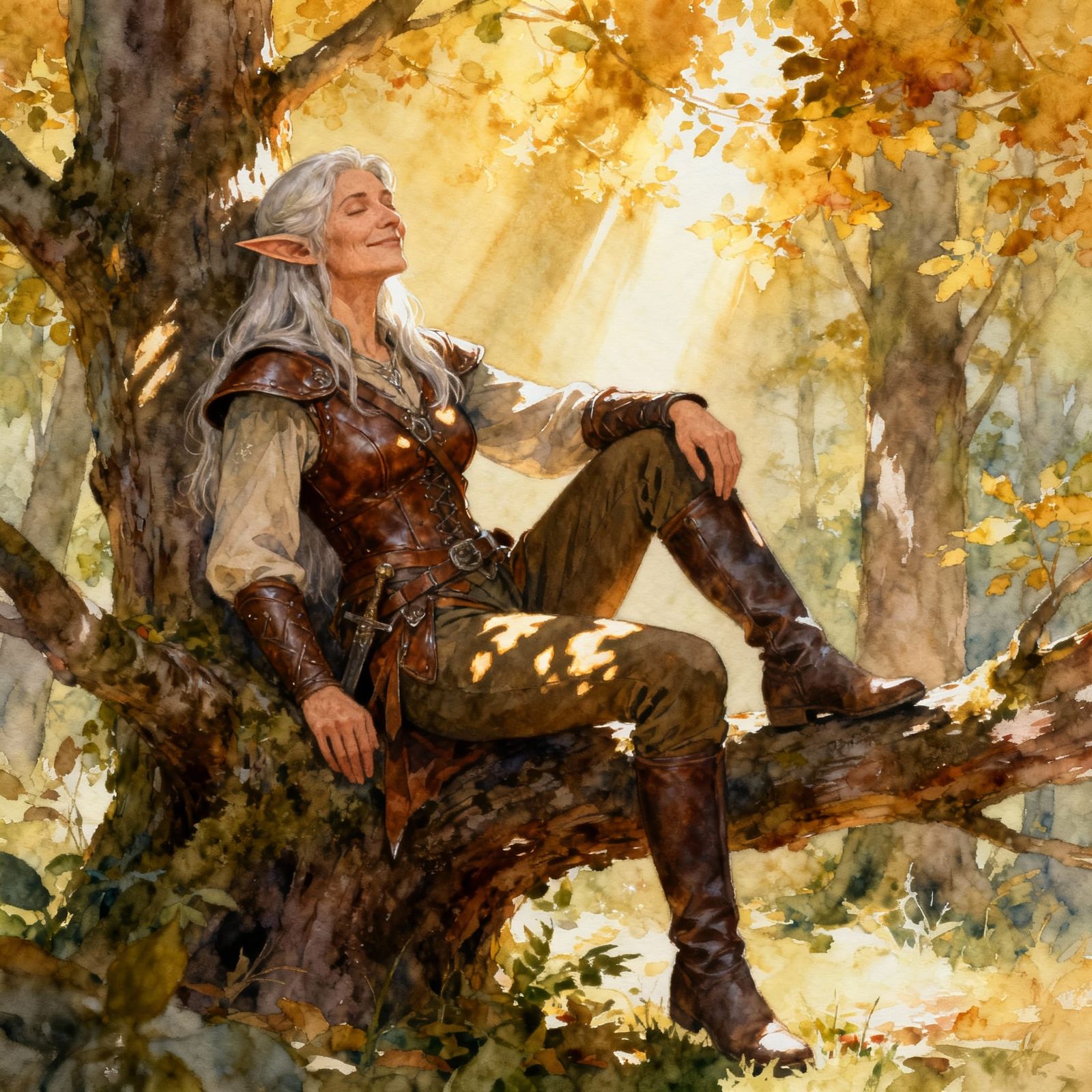 Mature Elf in Sun Kissed Forest - Watercolor Fantasy
