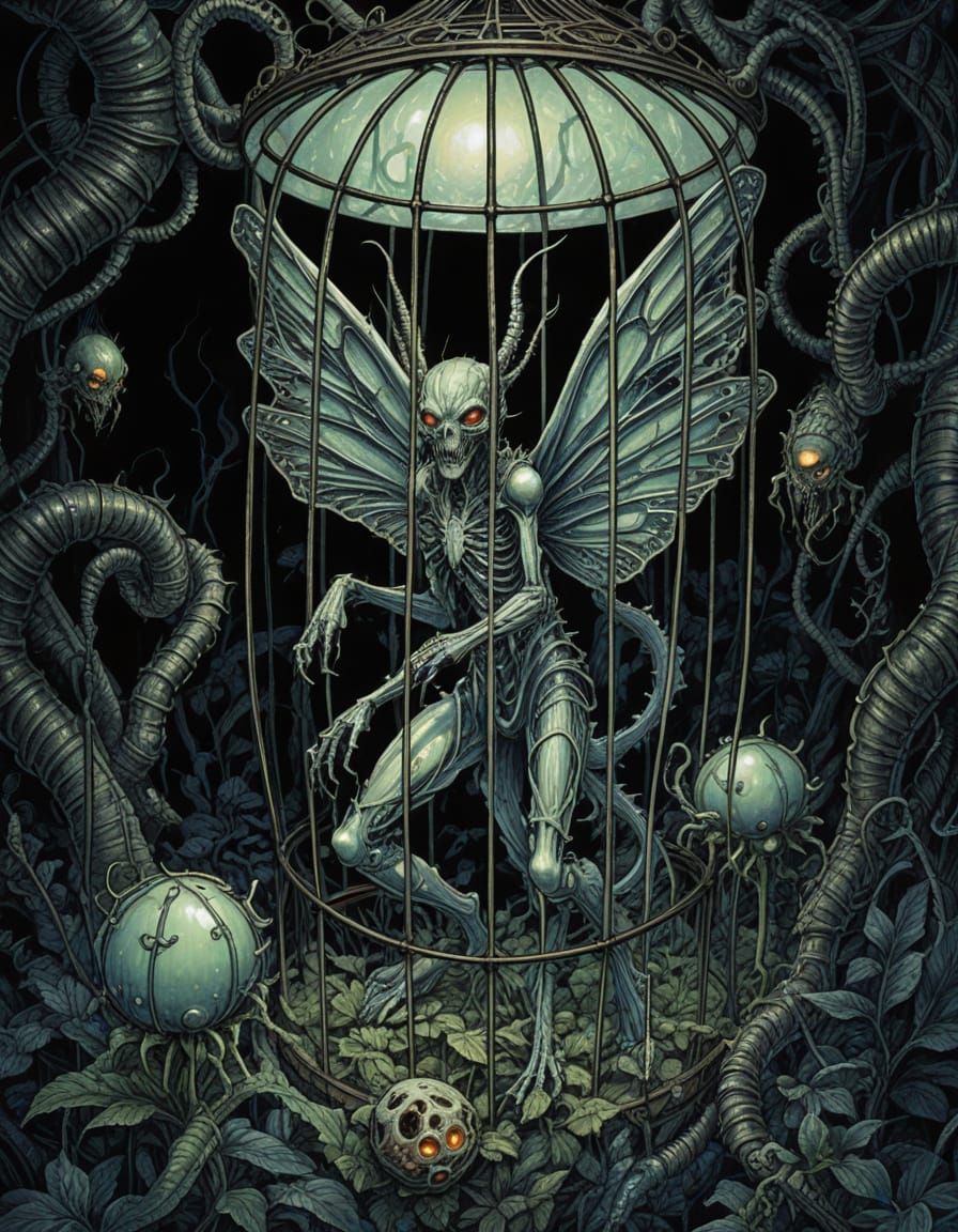 Alien Fairy Monster in Cage: Sci-Fi Horror Painting