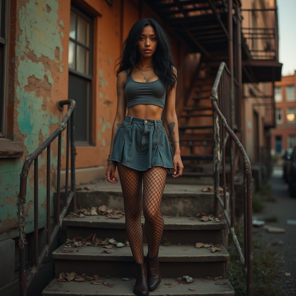 Confident Woman on Tenement Stoop at Dusk