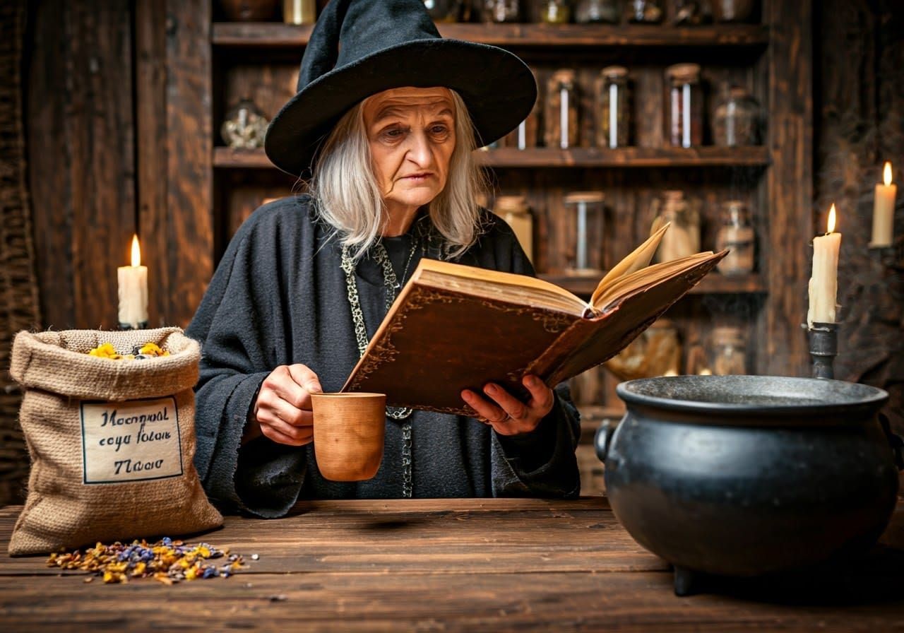 Witch Brews Potion in Rustic Hut, Photorealistic Art
