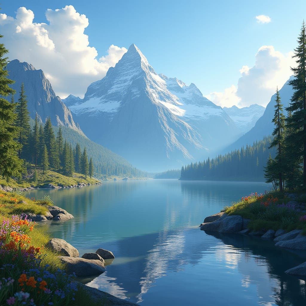 Serene Mountain Lake Landscape in Golden Sunlight