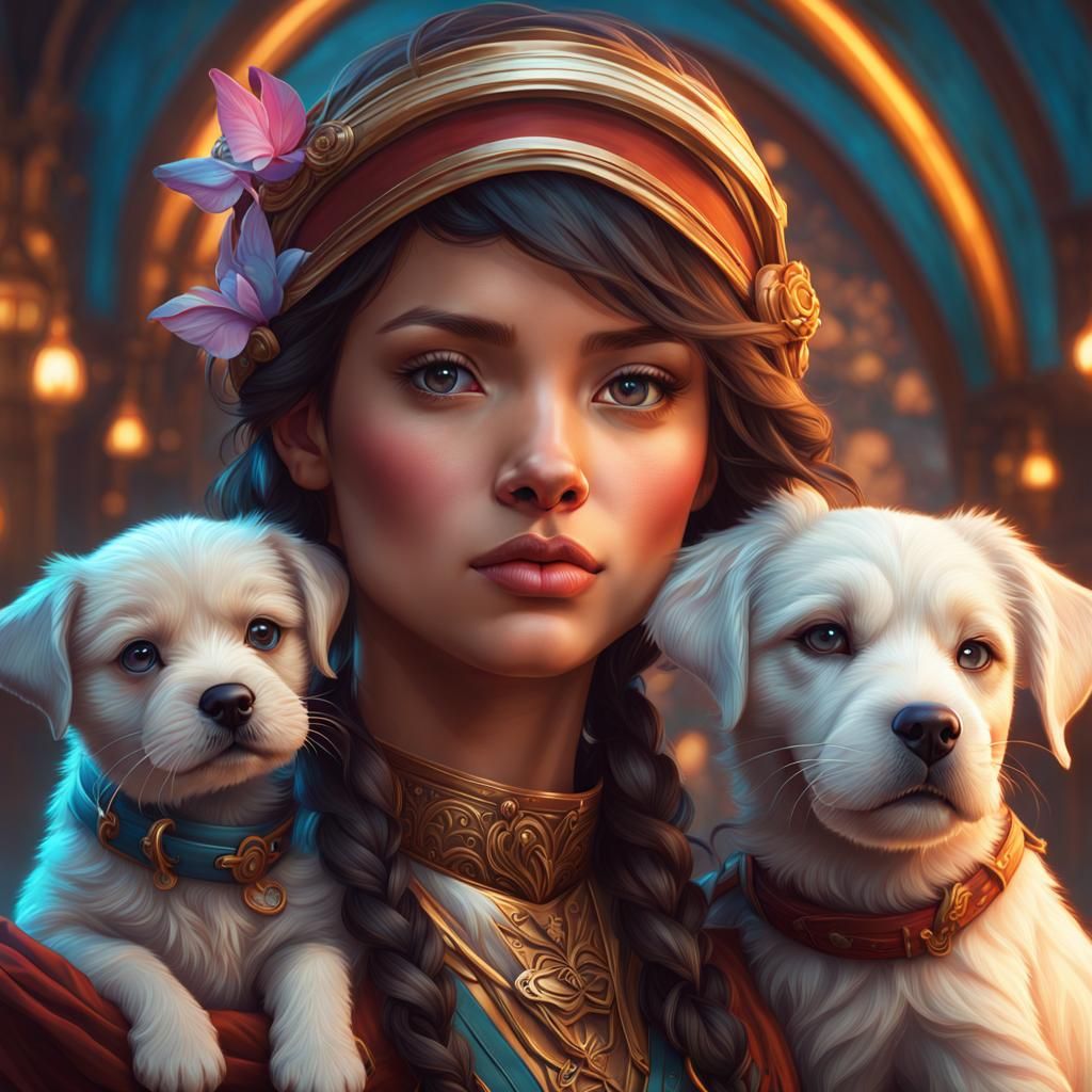 Girl with Puppies: Hyperdetailed Artstation Portrait