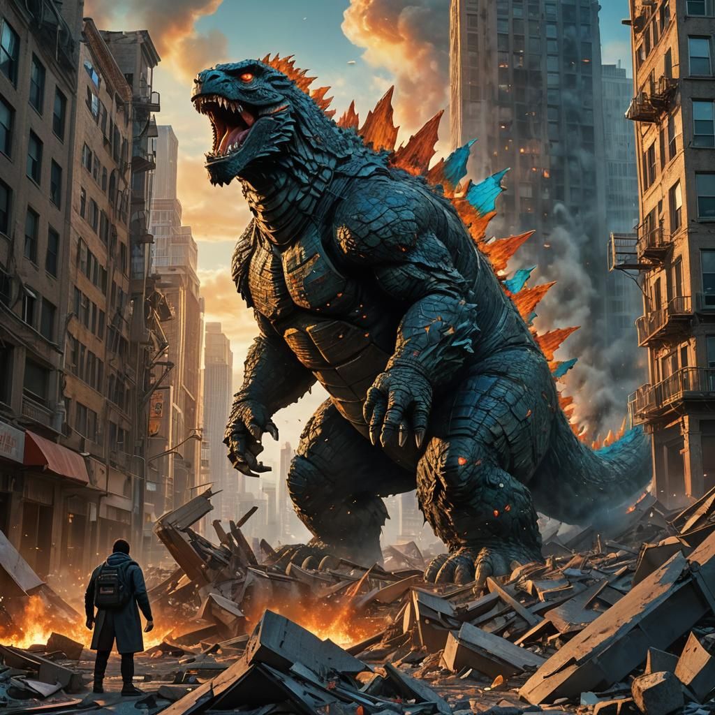 Godzilla in Destroyed City, Fantasy Concept Art