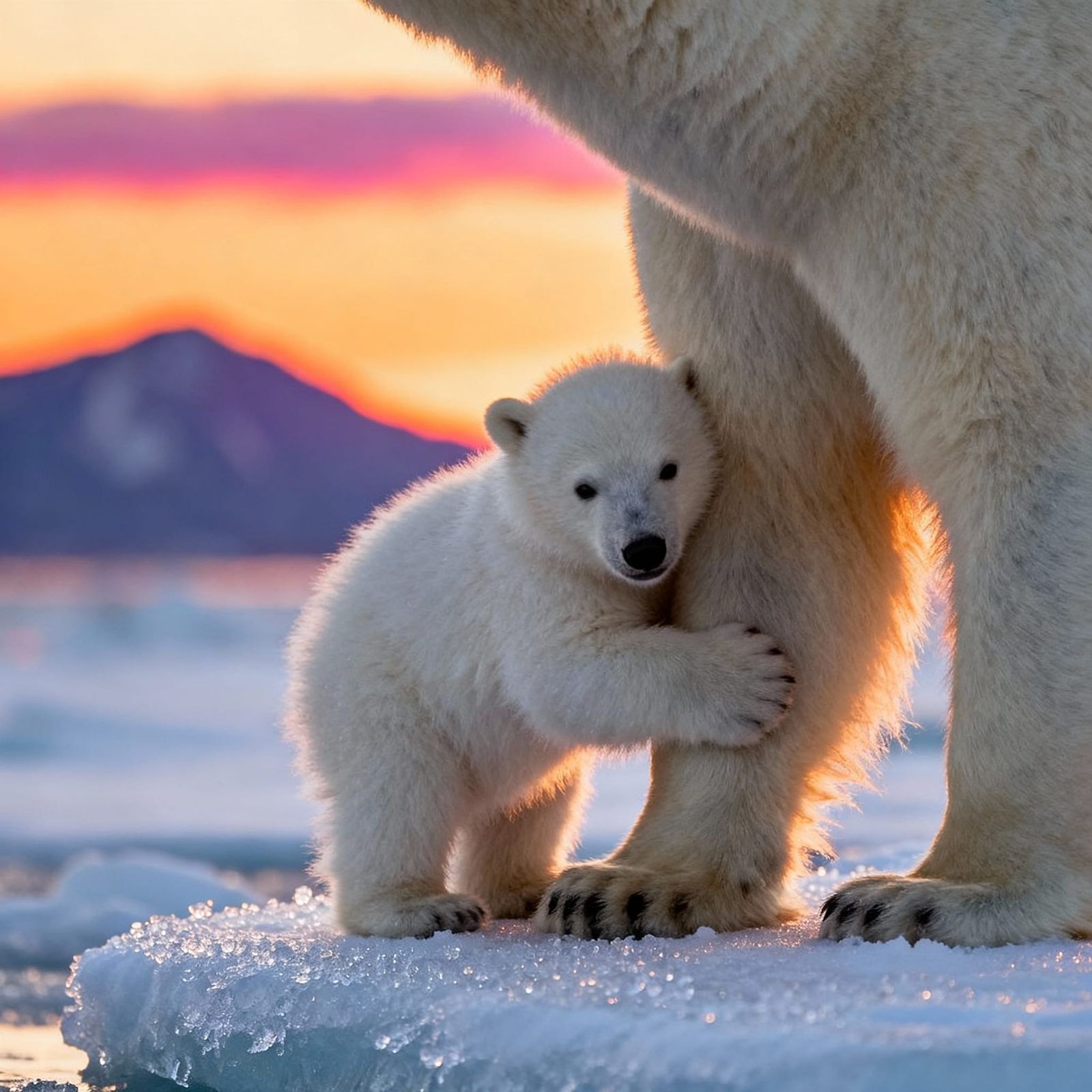 Polar Bear Cub and Mother at Sunset