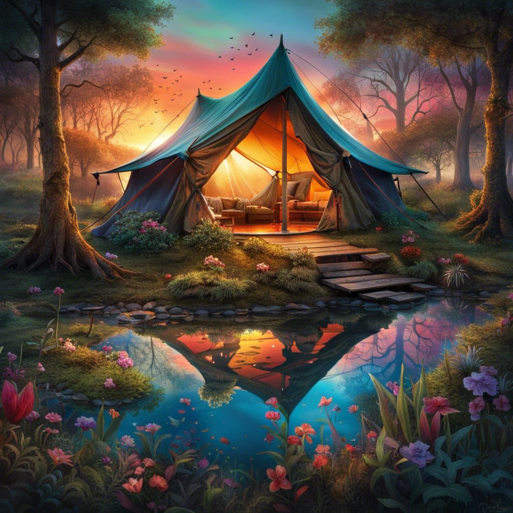 Serene Woodland Pond at Vibrant Sunset