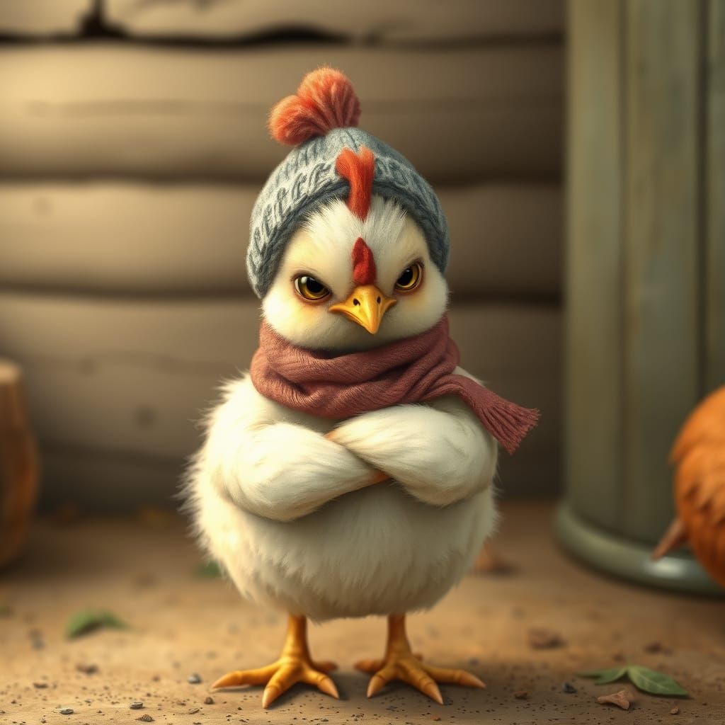 Grumpy Chick in Cozy Farmyard, Whimsical Style