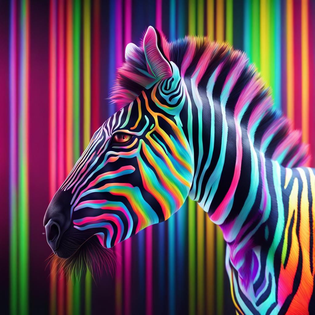 Rainbow Neon Zebra in Hyperrealistic Splash Art Style