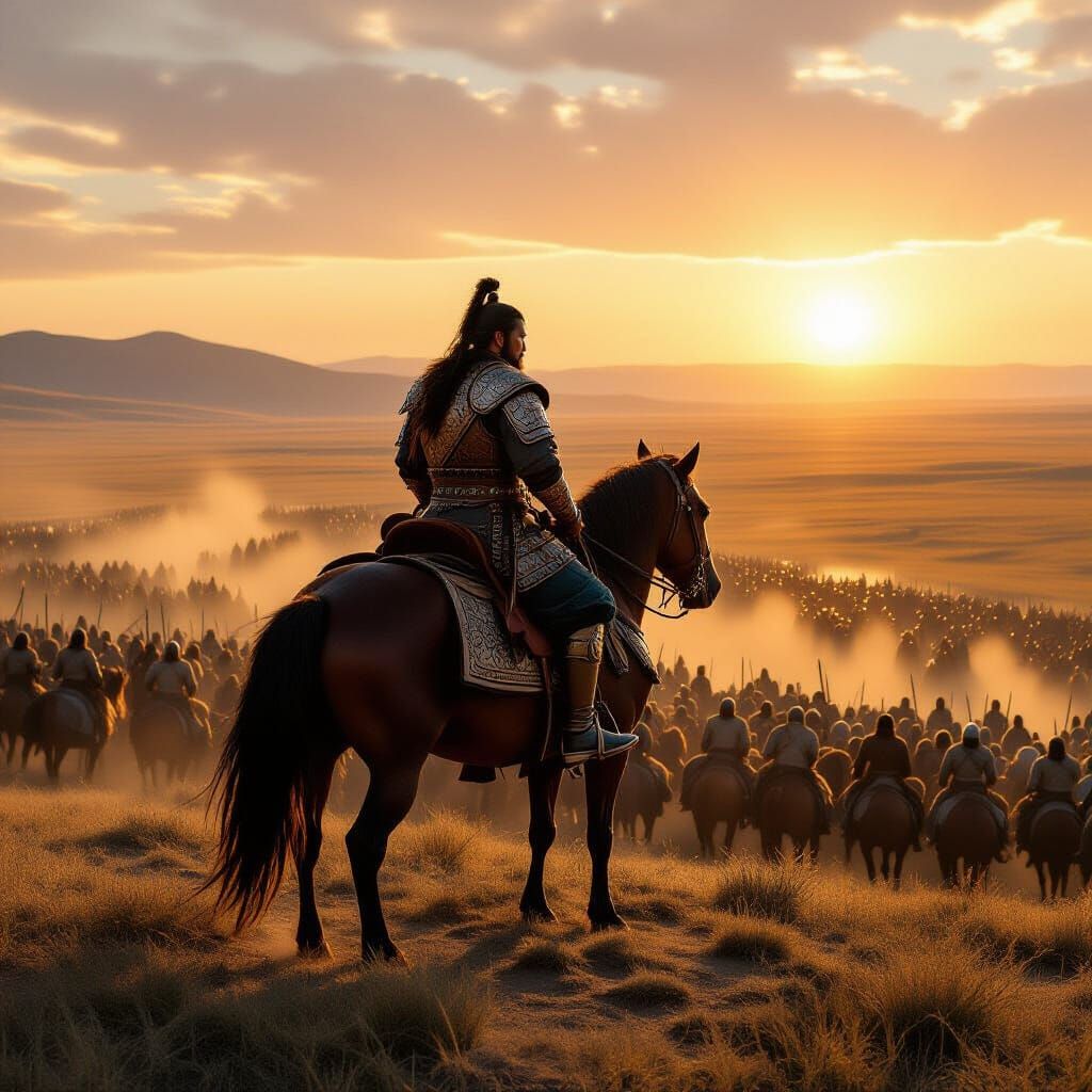 Genghis Khan Overlooks Vast Army on Mongolian Steppe