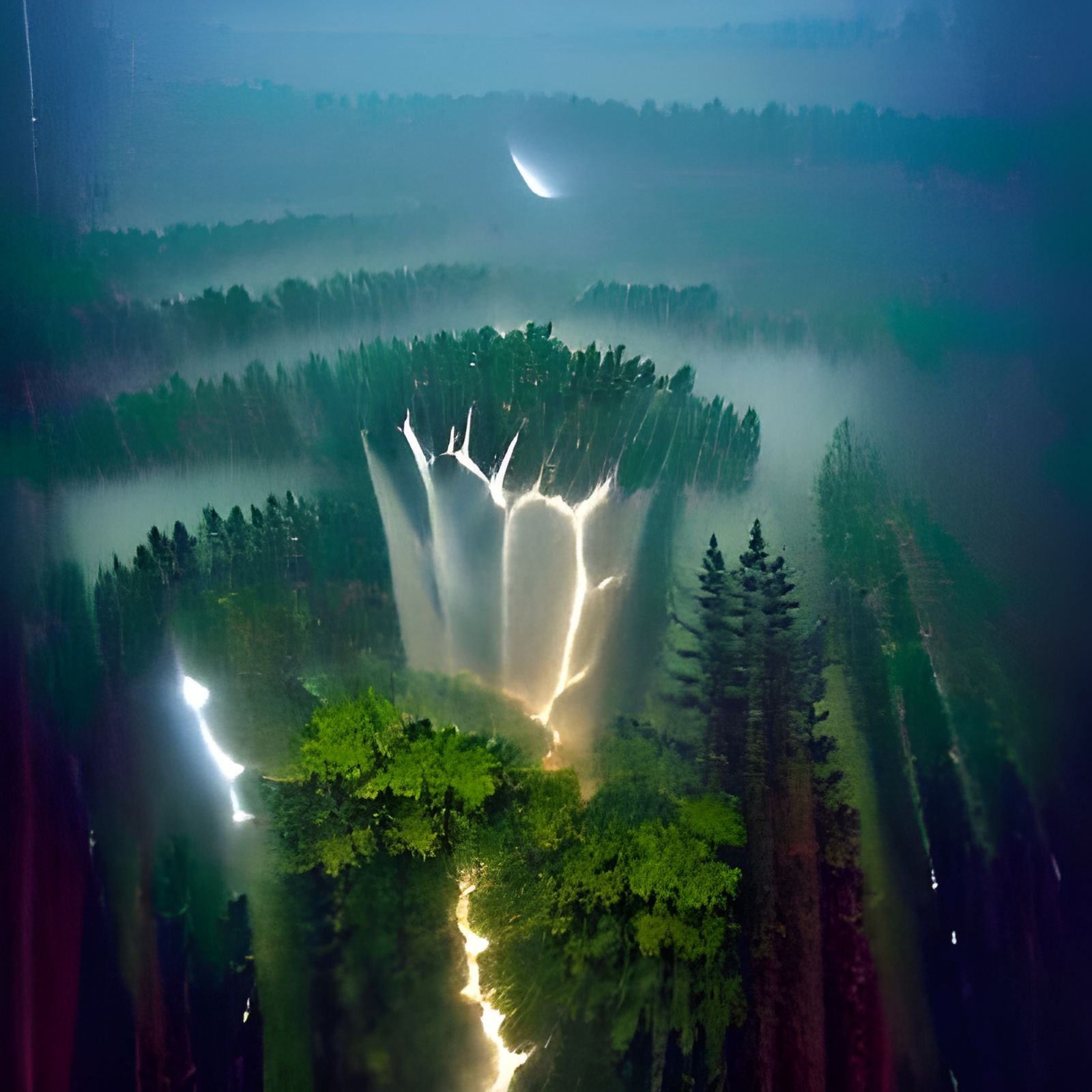 Lightning Strikes a Foggy Forest Landscape