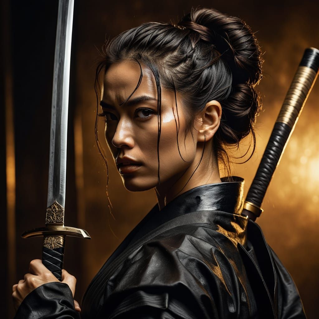 Female Samurai with Katana in Chiaroscuro Lighting