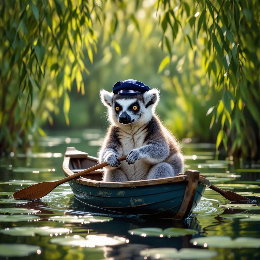 Fluffy Lemur Sailor Guides Rowboat on Lily Pad Pond