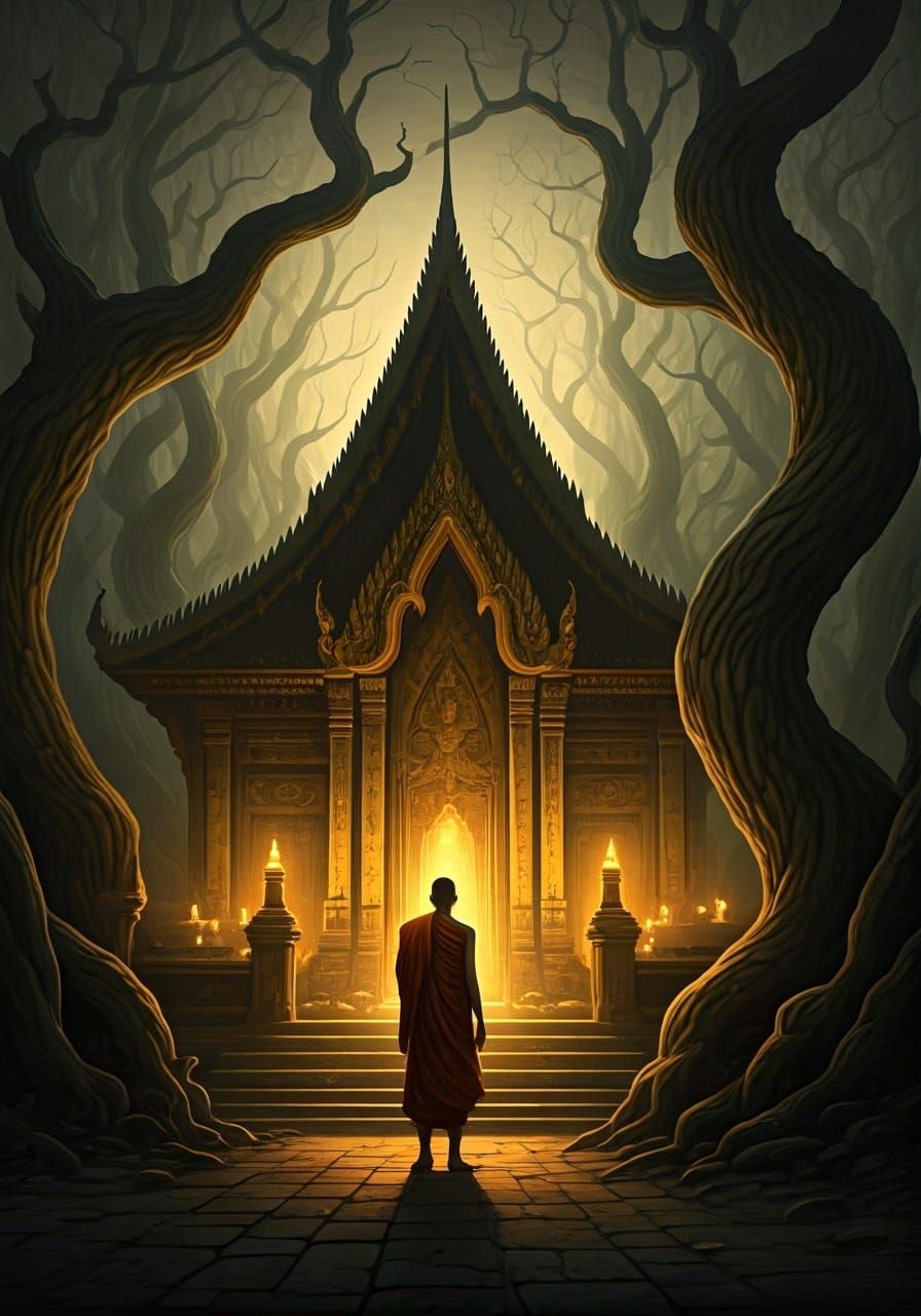 Monk in Shadows: Dark Buddhist Temple at Dusk