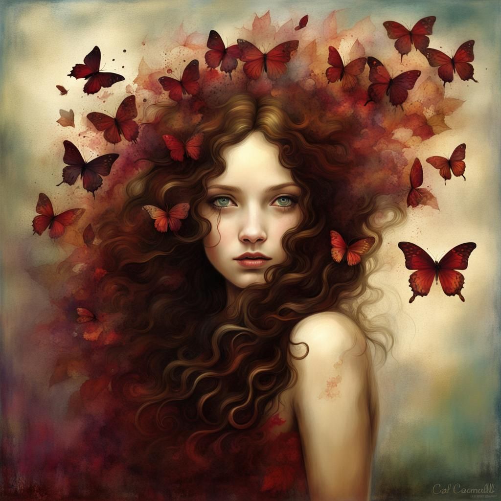 Girl with Maroon Butterflies as Oil Painting