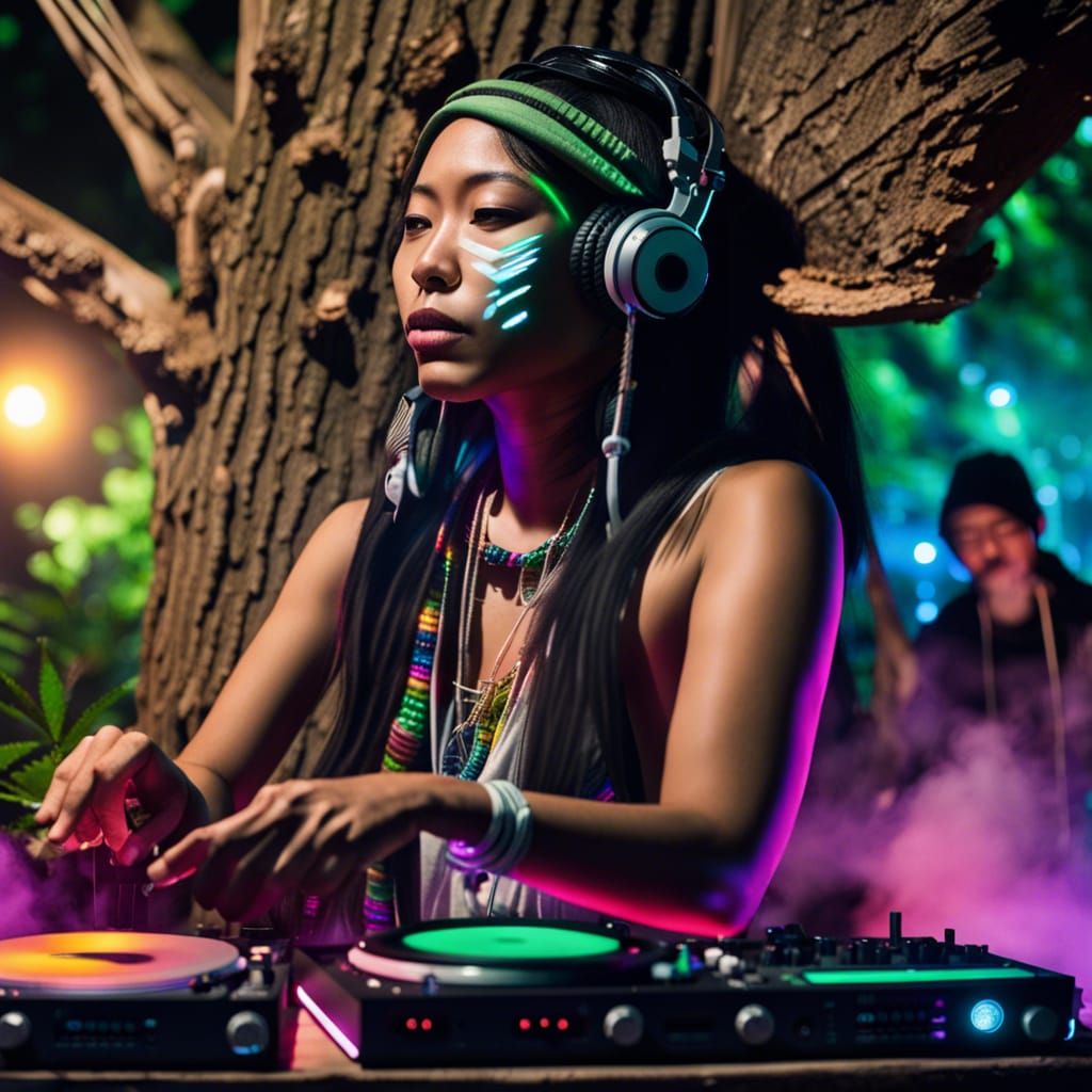Tribal Asian Female DJing Outdoors at Night