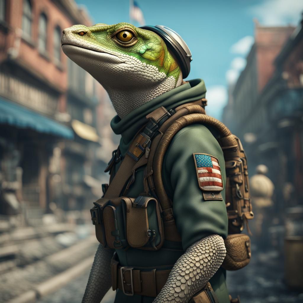 Lizard in Military Gear, Sesame Street Style