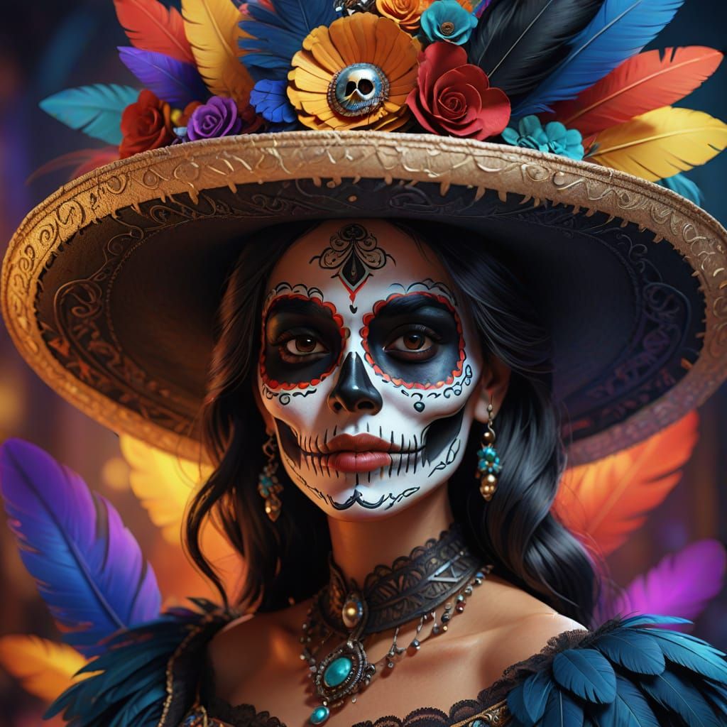 Pixar Style Mexican Woman with Skull Makeup and Feathered Ha...