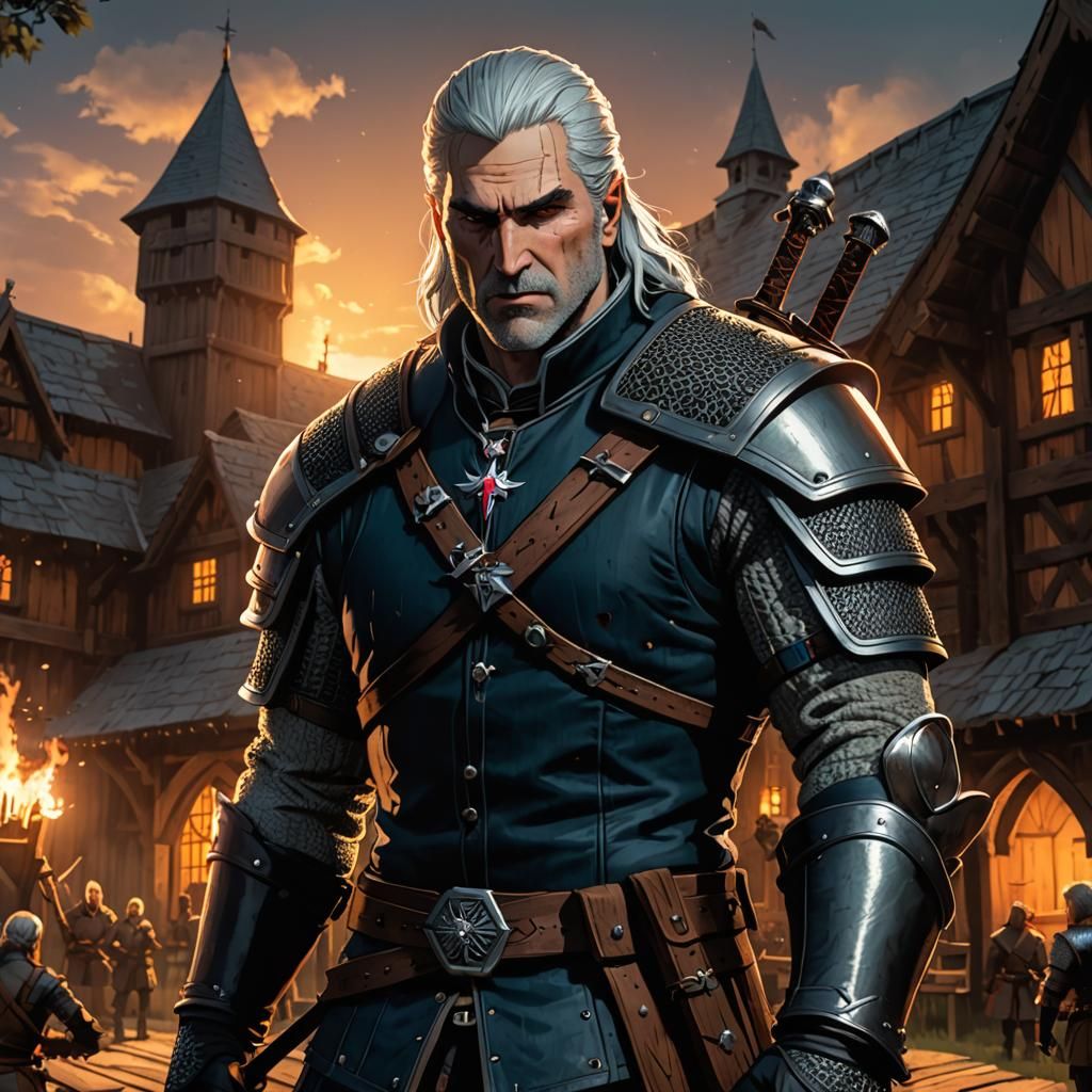 Anime Witcher in Medieval Battle, Cel-Shaded Style