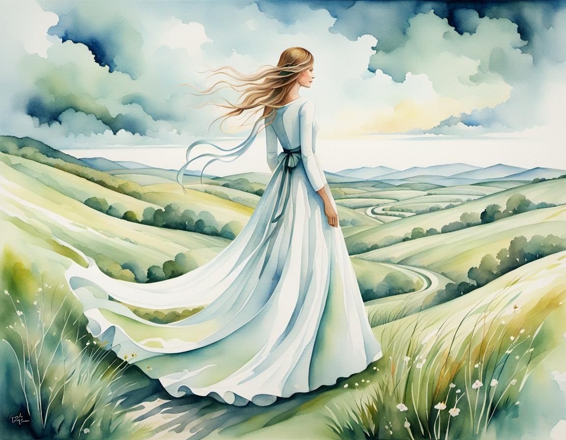 Surreal Watercolor Portrait: Woman in Dream Landscape