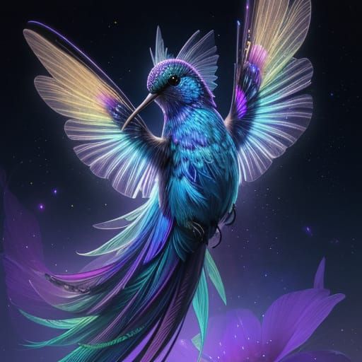 A Bioluminescent Hummingbird in a Holographic Nebula Scene