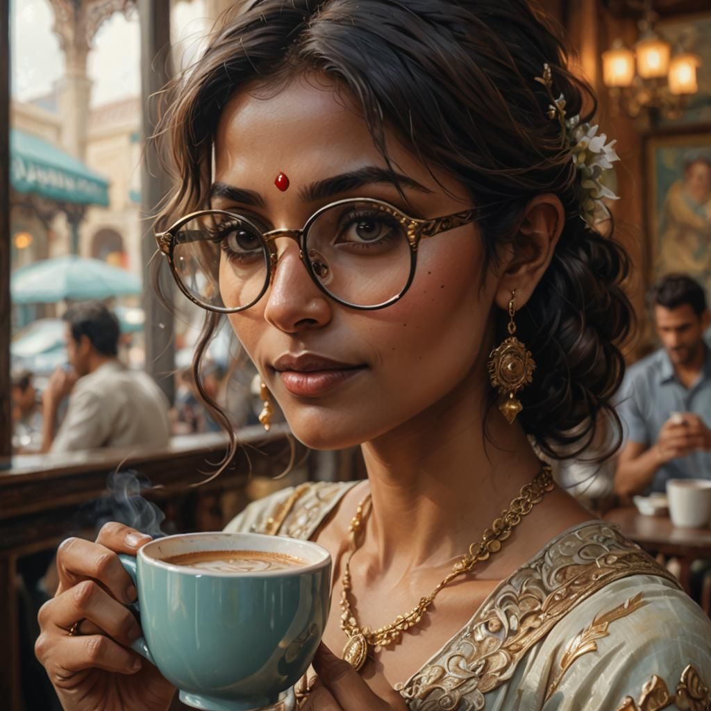 Modest Indian Woman in a Cozy Café Scene, Painted in a Rococ...