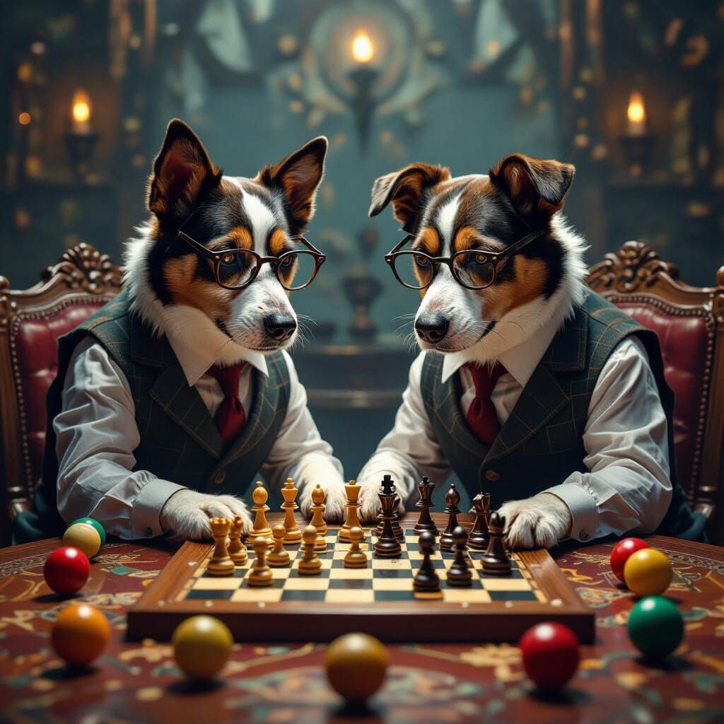 Dogs Playing Chess in a Mystical, Detailed Painting