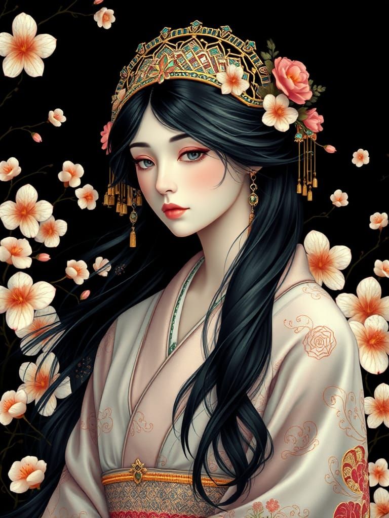 Japanese Woman in Kimono with Art Nouveau Flair