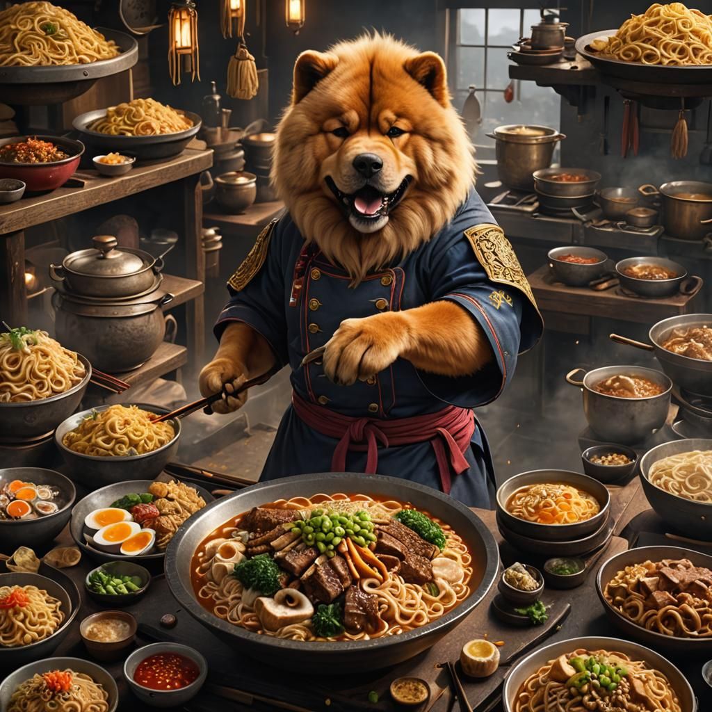 Warrior Chow Chow Chef Serving Ramen: Detailed Matte Paintin...