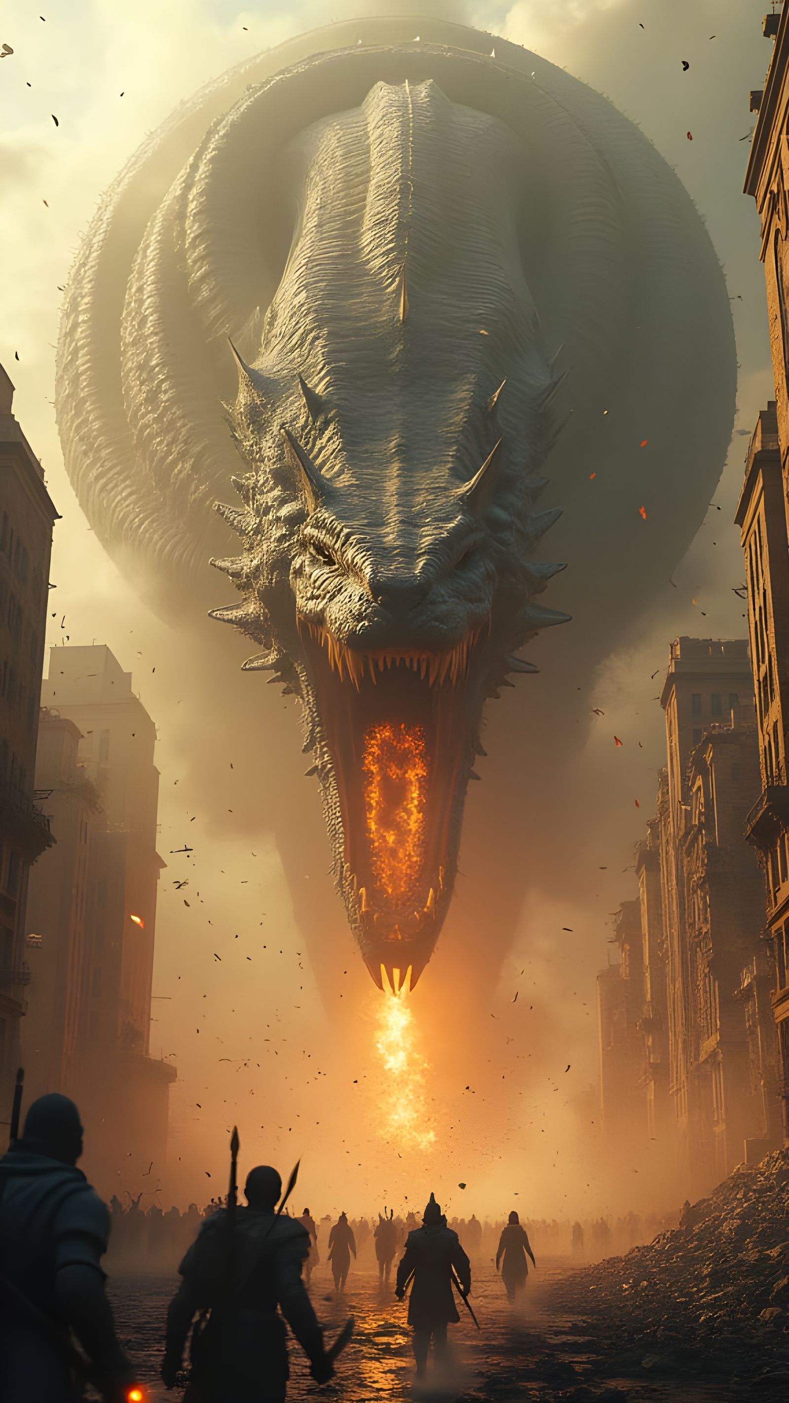 Colossal Multiheaded Serpent Erupts Through Collapsing City