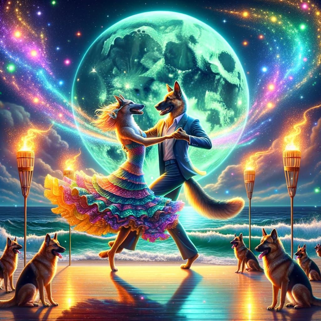 Flamenco German Shepherds Dancing Under Teal Moonlight