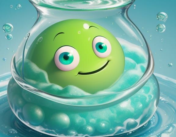 Cheerful Germ Takes Bubble Bath in Water Droplet
