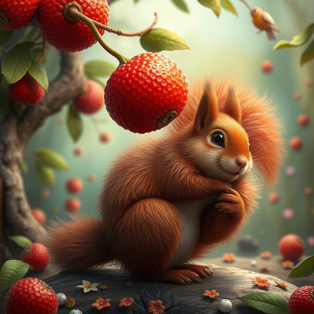 Vibrant Squirrel Transforms from Red Lychee Fruit in Whimsic...