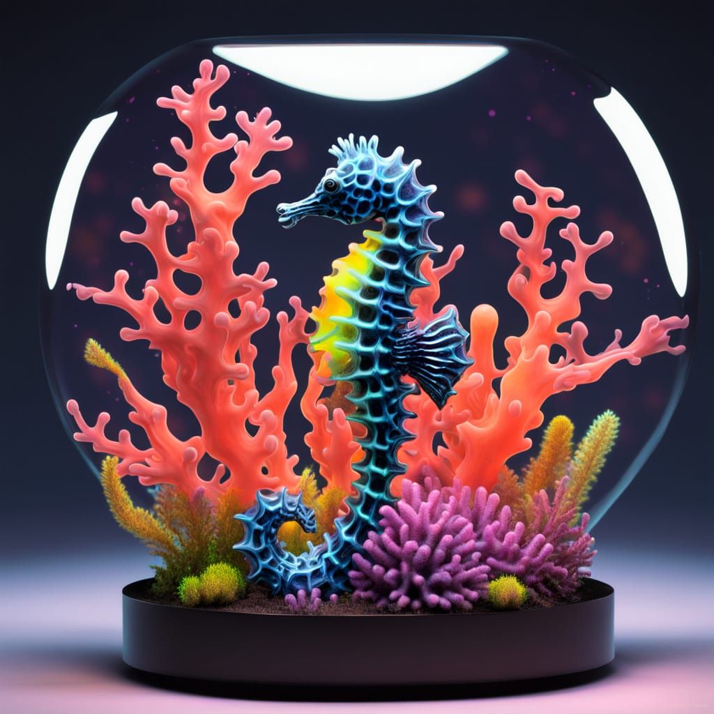 Surreal Ferrofluid Seahorse in Vibrant 4D Coral Reef
