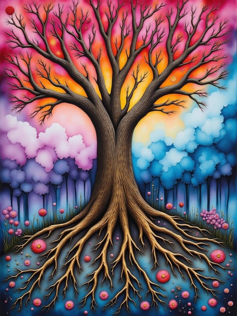 Whimsical Tree Roots in Watercolor and Alcohol Ink