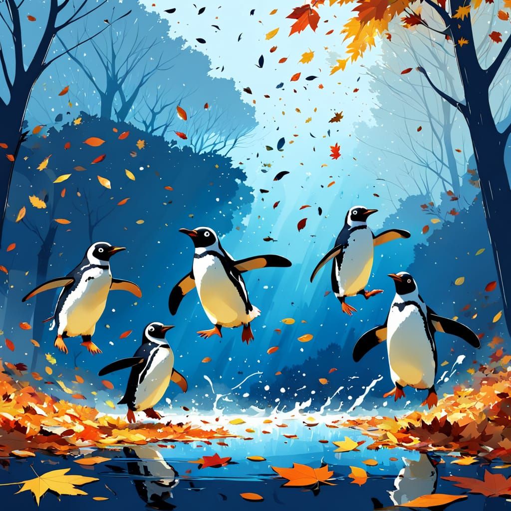Penguins Jumping into Autumn Leaves Splash Art