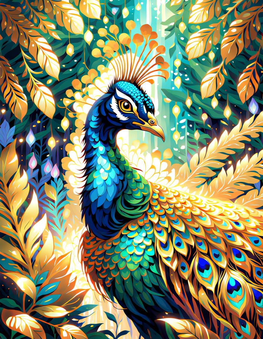 Golden Peacock in Magical Forest Anime Style